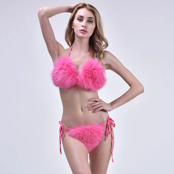 Krzno Bikini Komplet Ženske Roza Pravi Fox Luksuzni Plaža Obrabe, Seksi 2 Kos Nastavite Ločene Kopalke Bikini 2021
