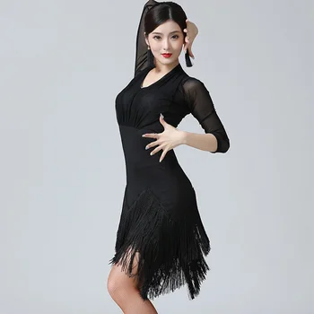 Latinsko Plesno Obleko za Ženske Črna Tassel latinsko Praksi Obleke Plesne Kostume Konkurence Sodobno Stranka Dvorana Strokovno