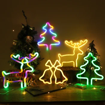 LED Neon Luči Prijavite Nočna Lučka Trakovi Božični Klobuk Drevo Zvezda, Snežinka Modeliranje Soba Dekor Steno Trgovina Rojstni dan, USB & Baterije