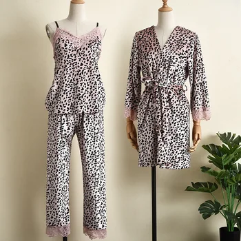 Leopard Žamet 3PCS Pižamo Nastavite Jeseni Ženske Dolgo Sleepwear Pijamas bo Ustrezala Seksi Kimono kopalni plašč Obleke Svoboden Čipke Domov Oblačila