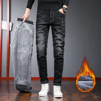 Lepo Zimo Moške Toplo Debele Skinny Jeans korejski Moda Nič Design Runo Stretch Črno Slim-fit Traper Hlače Moški