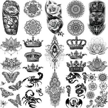 Lotus Mandala Obesek Začasne Tetovaže Za Ženske Odraslih Moških Otroci Metulj Krono Cvet Tatoos Zmaj Lev Ponaredek Tatoo Papirja