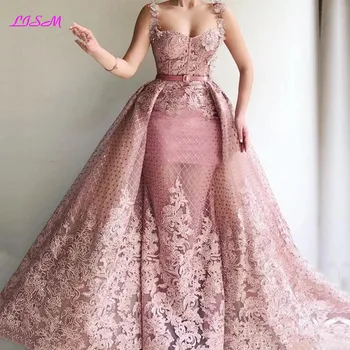 Luksuzni 3D Cvetlični arabski Prom Obleke S Snemljivo Vlak Čipke Kroglice Dolgo Večerno Obleko Elegantno Formalno Stranko Družico Oblek