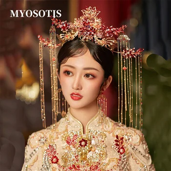 Luksuzni Kitajski pozlačeni Poročne Lase Kron Dolge Rese 3D Rdečo Rožo Headdress Beaded Poroko Kostum Nakit Dodatki