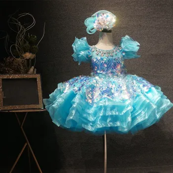 Luksuzni Modri Cvet Dekle Obleko Bleščice Sequined Kristali Princesa Pageant Obleke Za Malčke Dekle Prvi Rojstni Dan Obleko Photoshoot