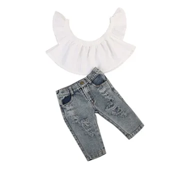 Malčka Malčke Baby Dekleta Kratek Rokav Off Ramenski Vrhovi Bluzo Priložnostne Luknje Denim Jeans Kratke Hlače 3Pcs Obleke Obleke 0-4Y