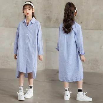 Moda Jeseni 2021 Dolge Trakove Bluzo za Dekleta Bombaž Modro Črtasto Ohlapne Dolge Srajce Priložnostne Najstniških Šoli Shirt Obleko