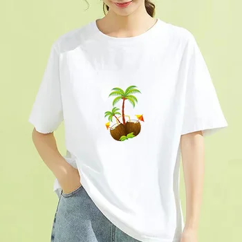 Moda Kokosovo drevo temo Tiskane Kratek Rokav T Shirt Harajuku Ženske T-shirt Bela, ki je Primerna za Vse letne Čase Tshirts