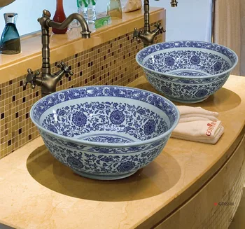 Modra in bela Kitajske Umetnosti Lavabo, Kopalnica, umivalnik porcelana krog umivalnik keramični umetnosti bazena