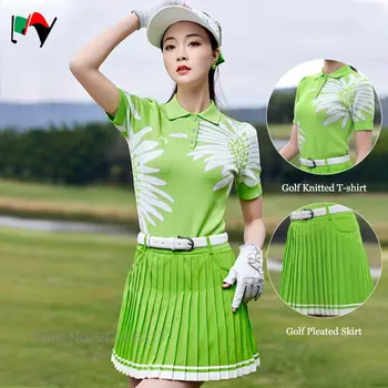 MOJE Ženske, Kratka sleeved Pletene Golf T-shirt Zelene Majice Polo Ženske Anti-izpostavljenost Golf Naguban Krila Visoko Pasu Culottes Obleke