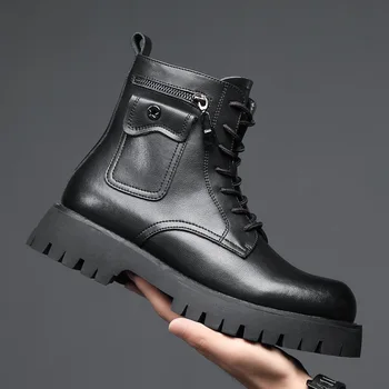 moške luksuznih modnih originalni usnjeni škornji črni trend platforma čevlji žep kavboj gleženj boot pomlad jesen kratka botas hombre