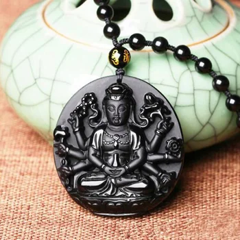 Naravni Obsidian Tisoč strani Bodhisattva Jade Obesek Nakit Srečen Exorcise zlih duhov Amulet Ogrlico, Obesek, Fine Nakit