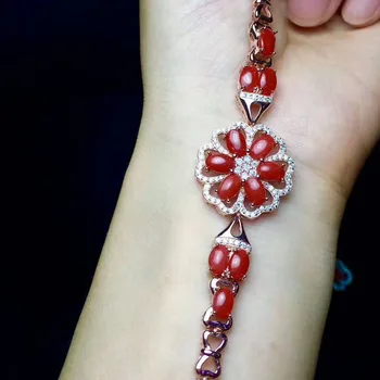 Naravno rdeča korala gem Zapestnica Naravni gemstone Zapestnica 925 srebrno zapestnico Moda Elegantno rože Ženski poročni nakit