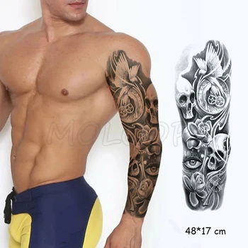 Nepremočljiva Začasni Tattoo Nalepke, lobanja, križ cvet ptica ura oči črne polno roko velike ponaredek tatto flash tattoo, za moške, ženske