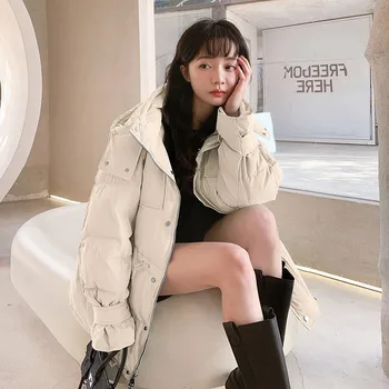 NNew slog navzdol padded jakna ženske zimske mid-dolžina korejski debele hooded priložnostne vrvico pasu oblazinjena plašč