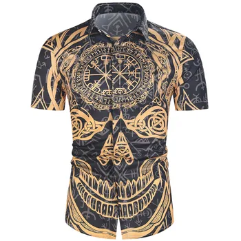 Nov Poletni Skull Head, Zlate Creative 3d Digitalni Tisk Trend Ohlapno Majico s Kratkimi rokavi Moški Vrh Havajih In Ulične Bluzo