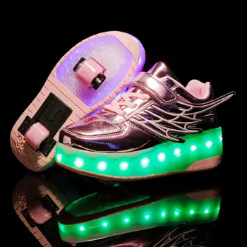 Nova Roza Zlata USB Polnjenje Moda Dekleta Fantje LED Luči Valjčni Skate Čevlji Za Otroke, Otroci Superge S Kolesi, Dve kolesi