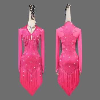 Novo Dolge Rokave latinski Ples Konkurence Obleke Rose Pink Nosorogovo Bonitete Obleka Ženske, Dekleta Dvorana Plesno Obleko DNV15695