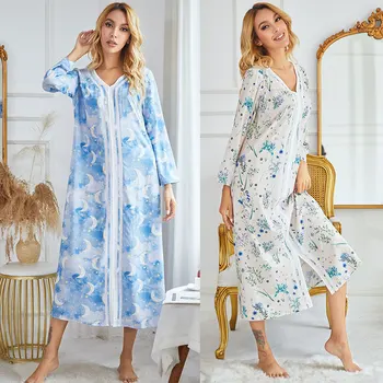 Novo Modno Pomlad/Jesen Sleepwear Ženske Nočno Spanje Obleko Z Dolgimi Rokavi Homewear Mehka Oblačila Nightgown