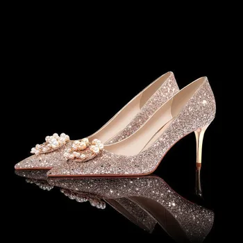 Novo pomlad in jesen stiletto pete temperament sequined nosorogovo pearl ženske poročni čevlji 7 CM pete