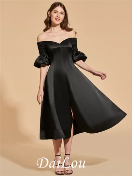 Oblikovalec Obleke A-Line Čaj-Dolžina Off-the-Ramo Kratkimi Črno Svetlečo Obleko 2022