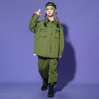 Otroci Svež Hip Hop Oblačila Majica Jakno Vrh Taktično Tovora Hlače za Dekle, Fant, Jazz Ples Kostum Zelene Obleke Teen Ulice