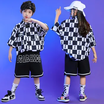 Otrok Kpop Hip Hop Oblačila Karirasti Črke Prevelik Rokavi Top Poletni Priložnostne Hlače za Dekle, Fant, Jazz Ples, Oblačila Kostum