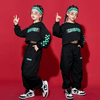 Otrok Kpop Hip Hop Oblačila Majica Obreži Zgoraj Long Sleeve Majica Ulične Jogger Tovora Hlače za Dekleta Ples Kostum, Obleke