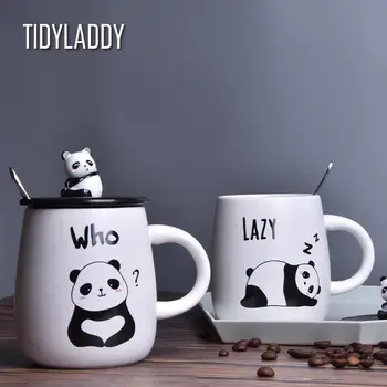 Panda Keramični Aparat za Vrč s Pokrovom in Žličko Velike Zmogljivosti, Reliefni Študentov Vode Cup Domov Zajtrk Mleko Vrč Nekaj Čaj Pokal