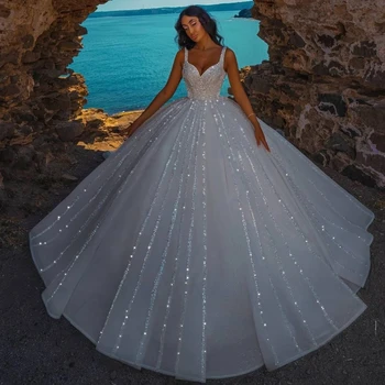 Peneče Poročne Obleke Beaded Sequins Kristali Poročne Plus Velikost Poročnih Oblek V Dubaju S Trakovi Organza Zadrgo Nazaj