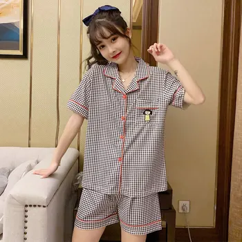 Pižamo Ženske Poletje Kratka Sleeved Hlače Korejski Priložnostne Kariran Lepo Jopico Pižamo Tanke Zunanji Domov Oblačila Obleko