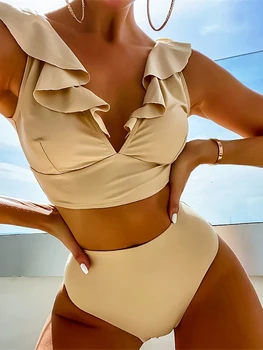 PLAVKY Ženske Sexi V Vratu Talasati Trim Visoko Pasu Bikini Komplet Golih Dva Kosa Kopalke, Kopalke Seksi 2022 Poletje Plaža Kopel Obleko