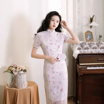 Poletni Roza Črtami Šifon Cheongsam Vezenino Kratek Rokav Vintage Moda Obleko Elegantno Qipao M Do 3XL