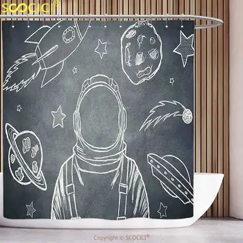 Poliester Tuš Zavesa Modernih Dekor Prostora Ozadje s Planeti Raketni in Površno Astronavt Slika Galaxy Slike Temno Siva