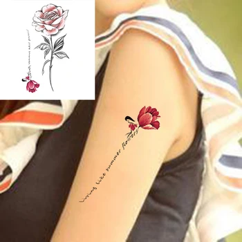 Ponaredek Tattoo Nalepke za Žensko Dekle Rose Cvetovi Poleti Črke Začasne Tetovaže Roko Pasu Nepremočljiva Tattoo Telesa Prenos Tatto