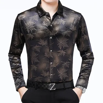Porjavelost listi vzorec tiskanje modno razkošje long sleeve majica Jeseni Nova vrhunska žametno mehko udobno moški majica M-3XL