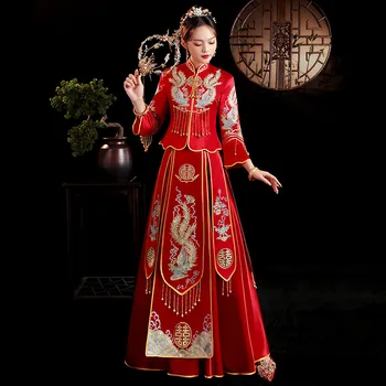 Poročne Toast Oblačila, Elegantno Vitek Phoenix Vezenje Qipao Starodavnih Tradicionalnih Retro Rese Cheongsam Poročno Obleko