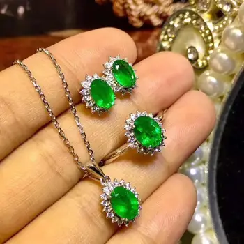 Pravi Naravni Smaragdno nakit set Naravnih Resnično Emerald 925 sterling srebro 1pc obesek,1pc obroč,2pcs Uhan