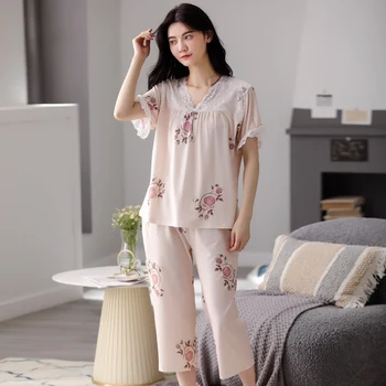 Priložnostne M-3XL Ženske Pižame Nastaviti Poletni Spring Cvjetnim Natisne More Homewear Svoboden Kratek Rokav Pižame