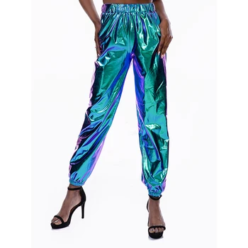 Prosti čas športna Ulica, hip hop party sijoče čarobno hlače Klub nosijo holografski sijoče kovine visoko pasu svoboden ženske hlače