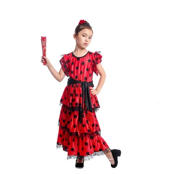 Rdeče črn satenast trdna španskega flamenka krilo čipke ženske ' s dance obleko 360-720 stopinj dekleta dvorana mati hči obleko