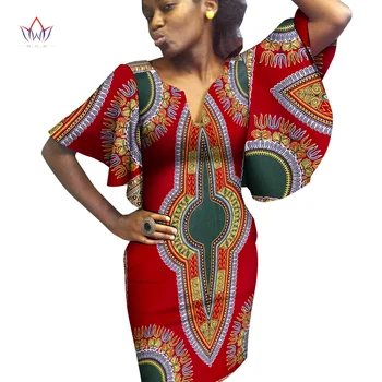 Riche Afriške Ruffles rokav v vratu Obleke za Ženske Dashiki Tiskanja koleno dolžina Obleke Vestidos Ženske Afriška Oblačila wy9664