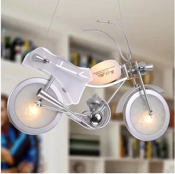 Risanka Aluminija Motocikel Obliko Obesek Svetlobe z Motnega Stekla E14 LED Žarnica, Oddaljena za Otroke Spalnica Razsvetljave Držalo