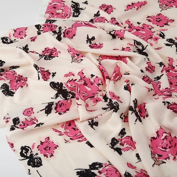 Rose Cvet Natisnjeni Krep De Chine Tkanine blagovne Znamke Modnih Oblačil Pižamo Majica Krpo za Obleko za Meter Doma Tekstilni Trgovini