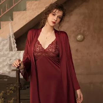 Seksi Burgundija Vidika Čipke Nightgown Ženske 2PCS Mirovanja Nastaviti Svilnato Saten Sleepwear Intimno Perilo S Blazine Domov Oblačila