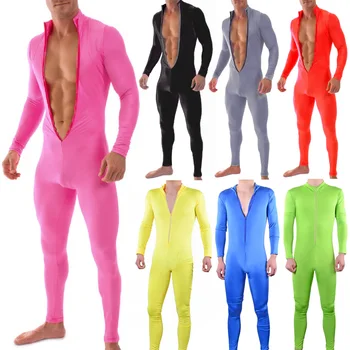 Seksi Moški Kostum Unicolor Spandex Catsuit Unitard Stretch Tesen Obleka, Športna Homoseksualnih Moških Kostumov Zadrgo, En Kos Plus Velikost