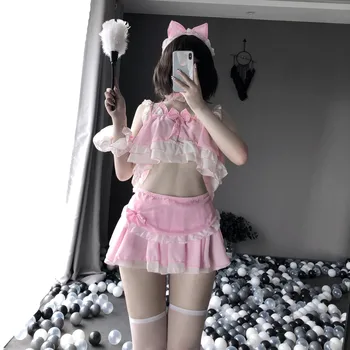 Seksi Perilo Anime Cosplay Kostume Kawaii Roza Črni Devica Enotno Bikini Skušnjavi, Mornar school girl obleko set za Ženske
