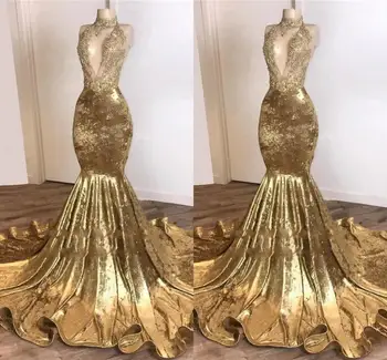Seksi Zlata morska deklica Sequins Prom Obleke Afriške Visoko Vratu Odpri Nazaj Evenig Obleke Poceni Formalno Stranko Obleko haljo de soriee