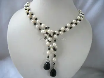 sladkovodne pearl white bližini krog in črno quartz ogrlica 52