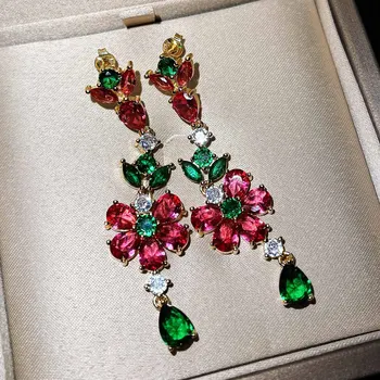 Srebro vdelan rdeče in zelene multicolor kristalni cvet uhani elegantno razkošje in vrhunsko znamko nakit za ženske